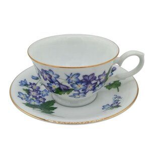 Teacup Saucer Set Avon July Larkspur Blossoms of Month Vintage 1991 Porcelain